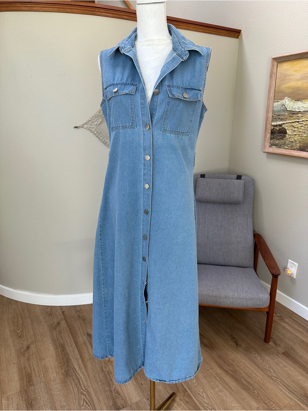 Sleeveless Button-Front A line fit in flare stretchy Denim midi Dress - Picture 2 of 10